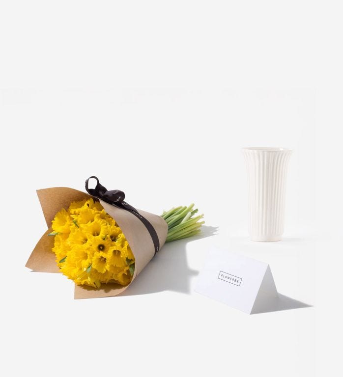 Daffodil Vase Set - 50 Buttery Blonde Daffodils with a Glazed White Vase
