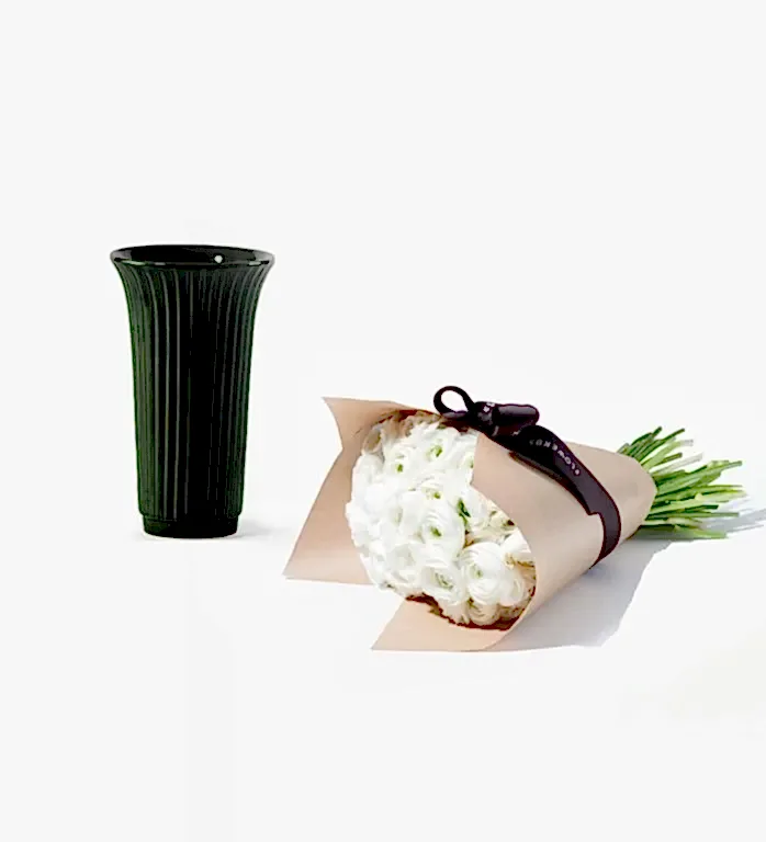 25 Stems of Chiffon Italian Ranunculus in a 12cm Glazed Emerald Fluted Vase