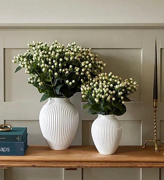 Winter White Hypericum in our Mayfair Ridged White Vase