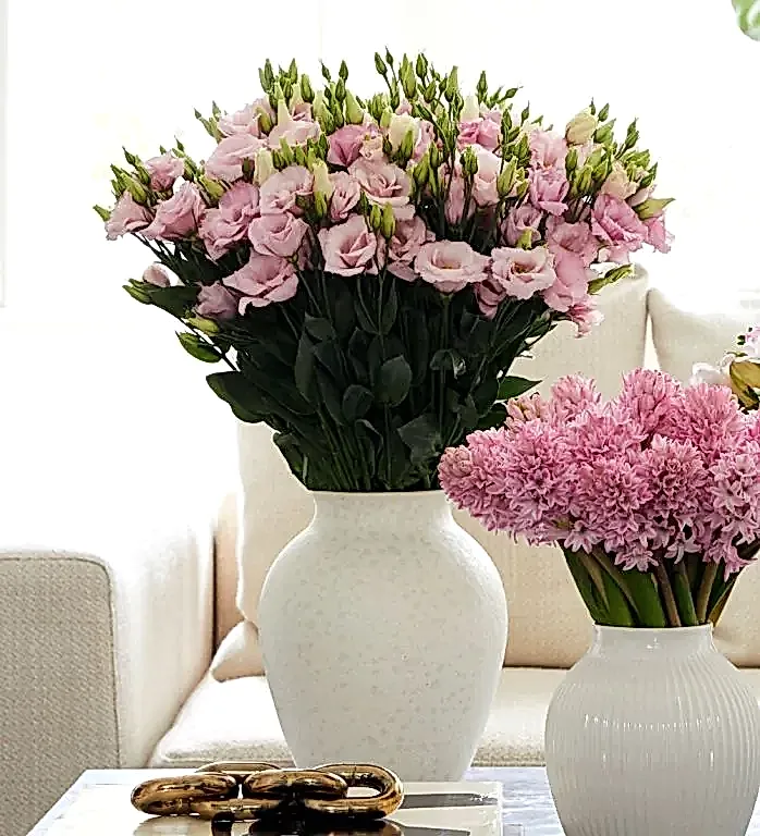 40 stems of Pink Chiffon Lisianthus in our Medium Mayfair Blanc Vase, with pink Hyacinth