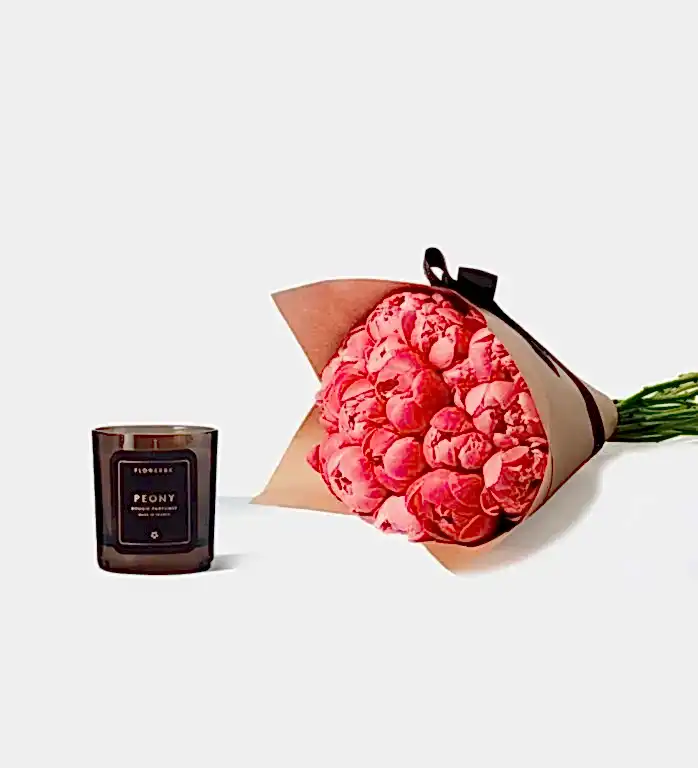 10 Stems of Flamingo Peony with our Peony Scented Candle