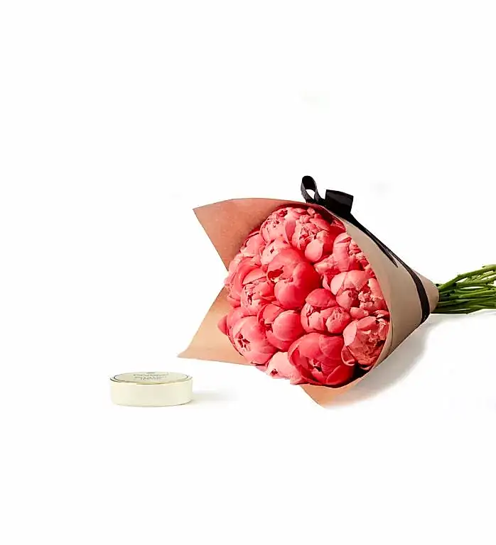 Peony and Chocolate Gift Set - Flamingo Peonies and Charbonnel et Walker Sea Salt Caramel Chocolate Truffle