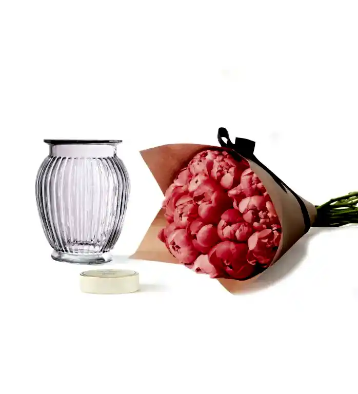 Peony and Vase Gift Set - Flamingo Peonies, Royal Windsor Vase, Sea Salt Truffle