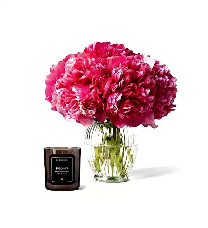 10 Stems of Framboise Peony with our Peony Scented Candle - Please Note the vase is not included