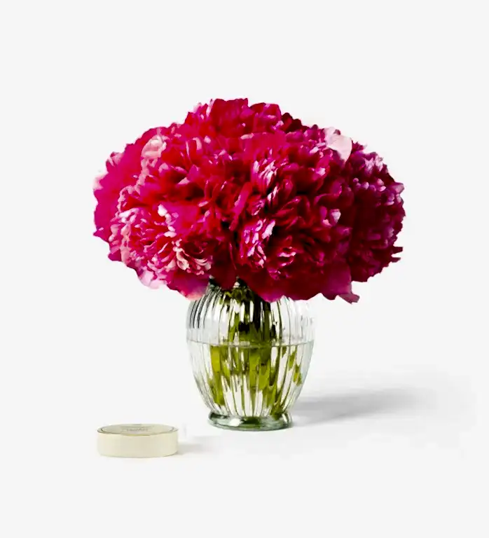 Peony and Chocolate Gift Set - Framboise Peonies and Charbonnel et Walker Sea Salt Caramel Chocolate Truffle - Please note vase in not included