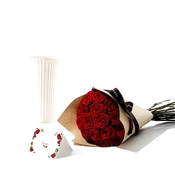The Glazed Vase and Roses Set - 20 Stems of Red Naomi Roses and Glazed White Fluted Vase, with an 'I Love You' card