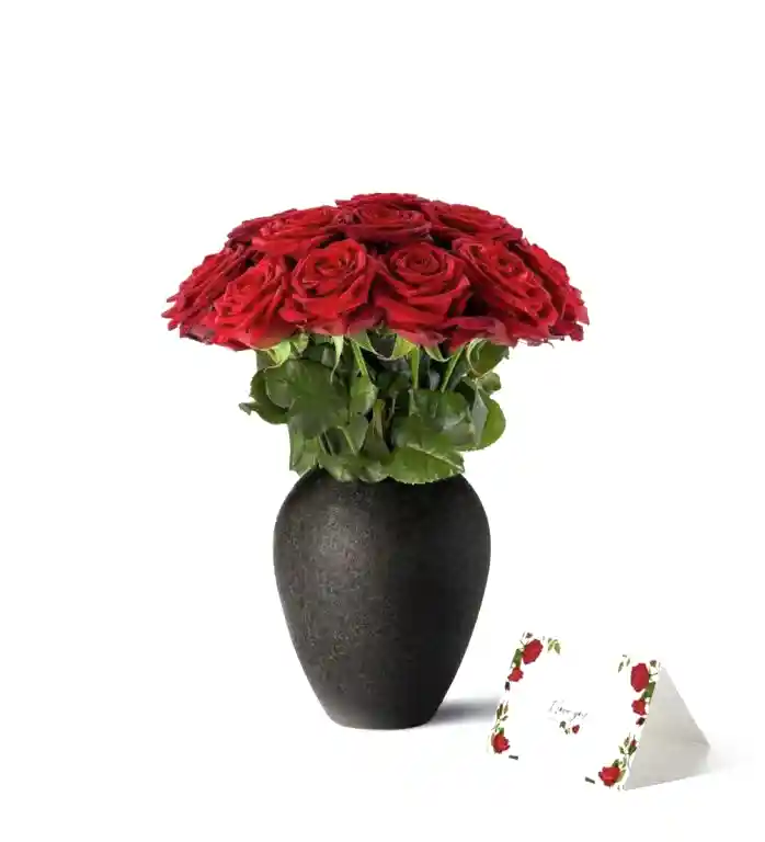Roses and Luxury Vase Set - Red Naomi Roses & Small Mayfair Vase in Onyx, plus an 'I Love You' card