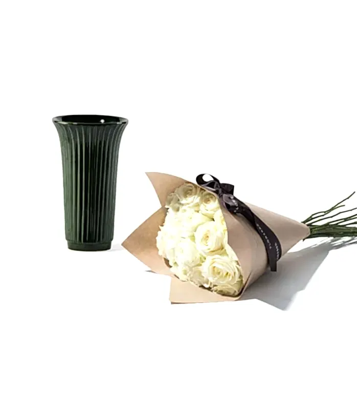 20 Stems of Ivory Avalanche Rose and Glazed Green Fluted Vase