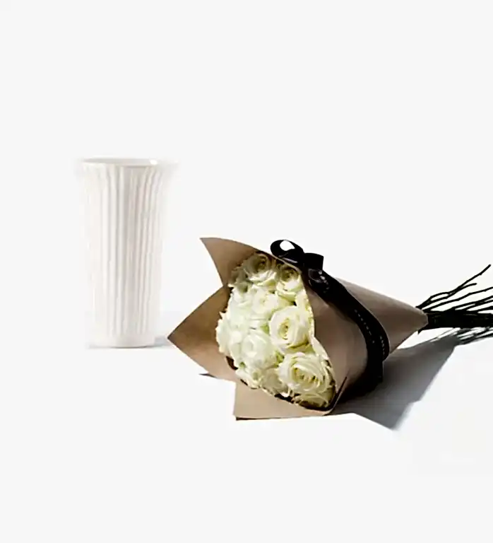20 Stems of Ivory Avalanche Rose and Glazed White Fluted Vase