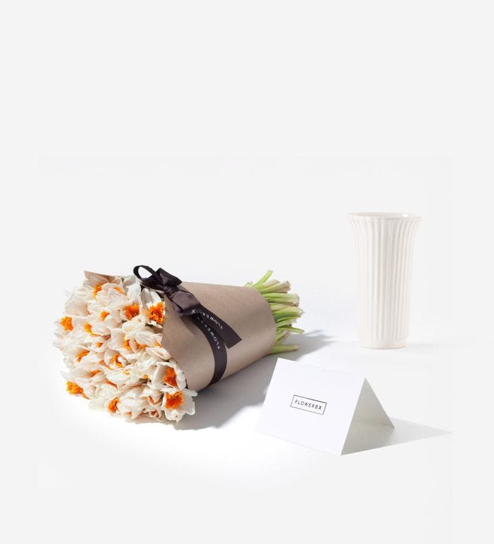 Daffodil Vase Set - 50 Over Easy Daffodils with a Glazed White Vase