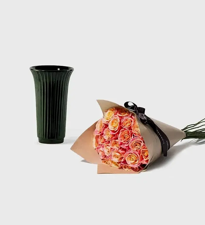 20 Stems of Tequila Sunrise Rose and Glazed Green Fluted Vase