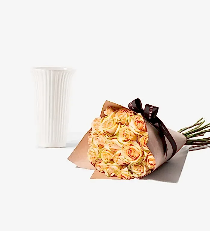 20 Stems of Peach Avalanche Rose and Glazed White Fluted Vase