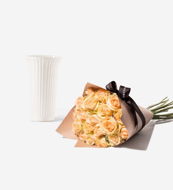 The Glazed Vase and Flowers Set - 20 Stems of Peach Avalanche Rose and Glazed White Fluted Vase
