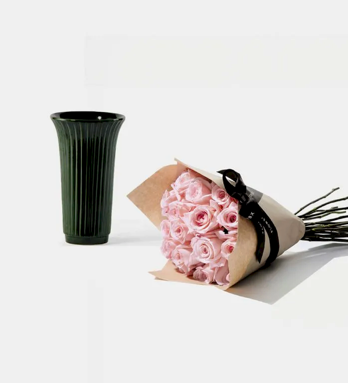 20 Stems of Pink Sweet Avalanche Rose and Glazed Green Fluted Vase