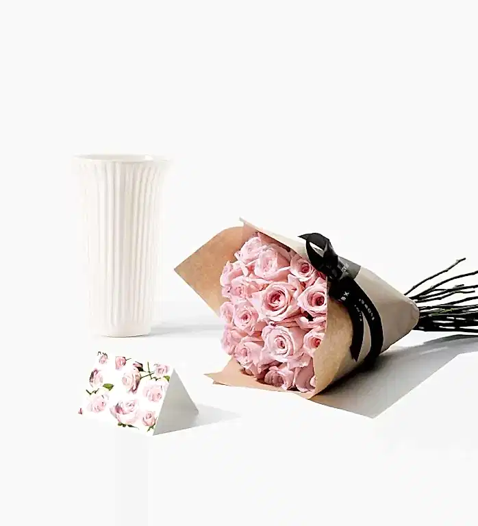 The Glazed Vase and Flowers Set - 20 Stems of Pink Mondial Rose and Glazed White Fluted Vase with The Rose Card - Pink