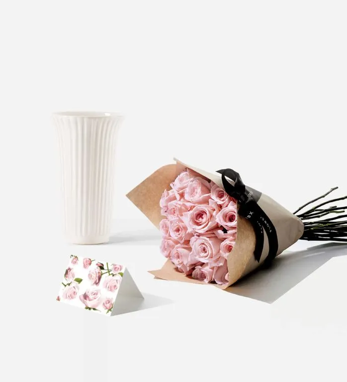 The Glazed Vase and Roses Set - 20 Stems of Pink Sweet Avalanche Roses and Glazed White Fluted Vase, with a Rose card