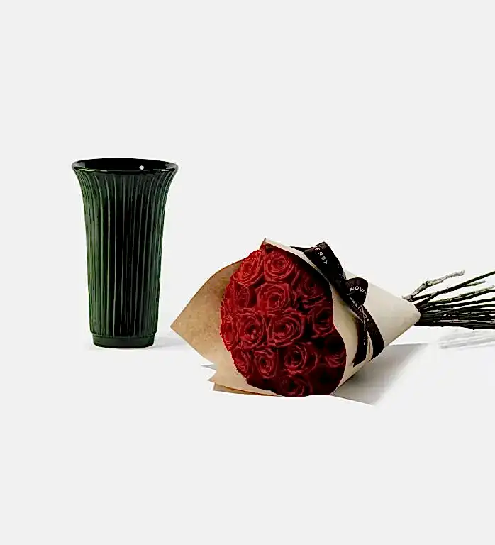 20 Stems of Red Naomi Rose and Glazed Green Fluted Vase