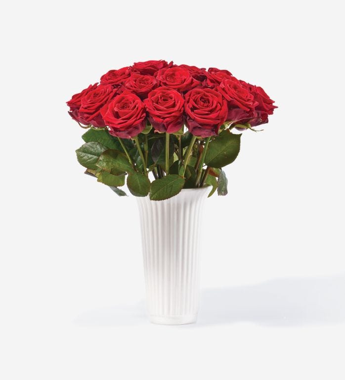 20 Stems of Red Naomi Rose in a 12cm Glazed White Fluted Vase