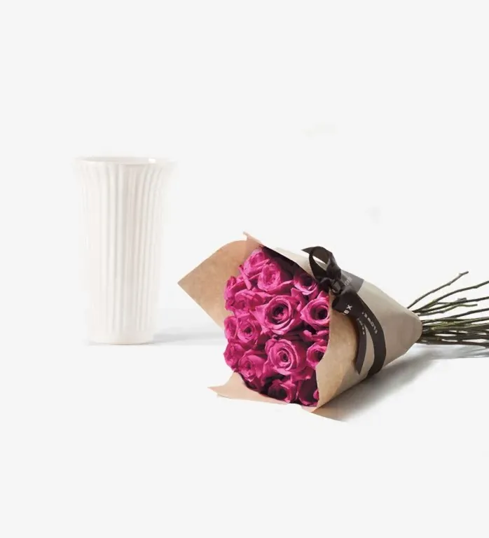 20 Stems of Rose a la Mode Rose and Glazed White Fluted Vase