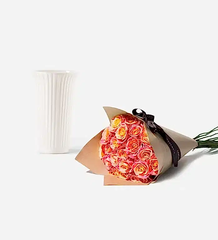 20 Stems of Tequila Sunrise Rose and Glazed White Fluted Vase