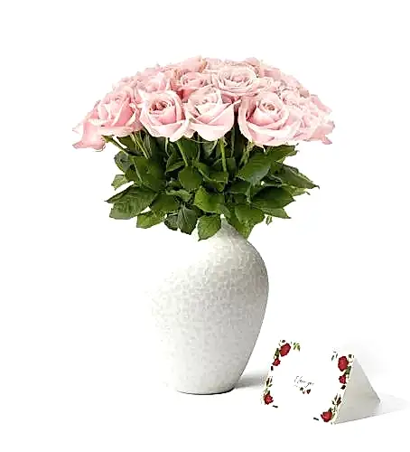 Medium Mayfair Rose Vase Set - Pink Sweet Avalanche Roses & Medium Mayfair Vase in Blanc, with an 'I Love You' card
