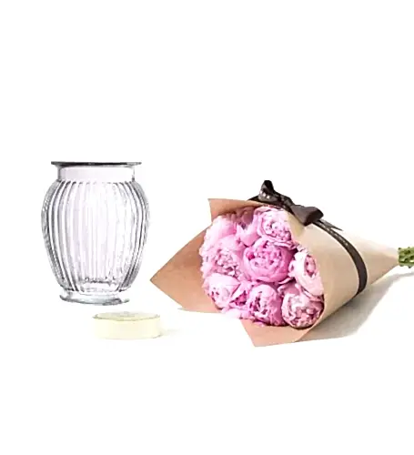 Peony and Vase Gift Set - Primrose Peonies, Royal Windsor Vase, Sea Salt Truffle