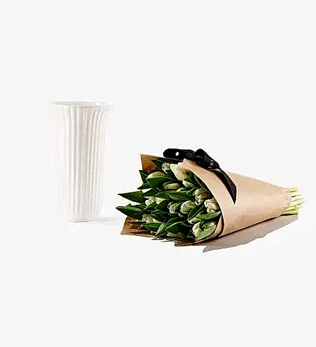25 Stems of White Hot Dutch Tulips in a 12cm Glazed White Fluted Vase