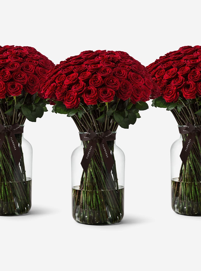100 Red roses in a glass vase